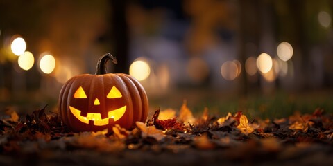 The glowing pumpkin creating a festive Halloween atmosphere among fallen leaves.