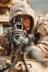 Obraz premium Soldier aiming a rifle while wearing camouflage gear in a military operation setting