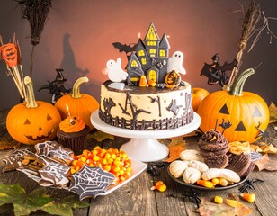 A Halloween dessert table filled with spooky treats: pumpkin cupcakes with ghost toppers, spiderweb cookies, chocolate bats, candy corn, and a haunted house cake — styled with Halloween decorations, d