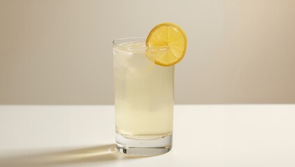 Refreshing Lemonade Cocktail with Ice and a Lemon Slice on a Bright Background.