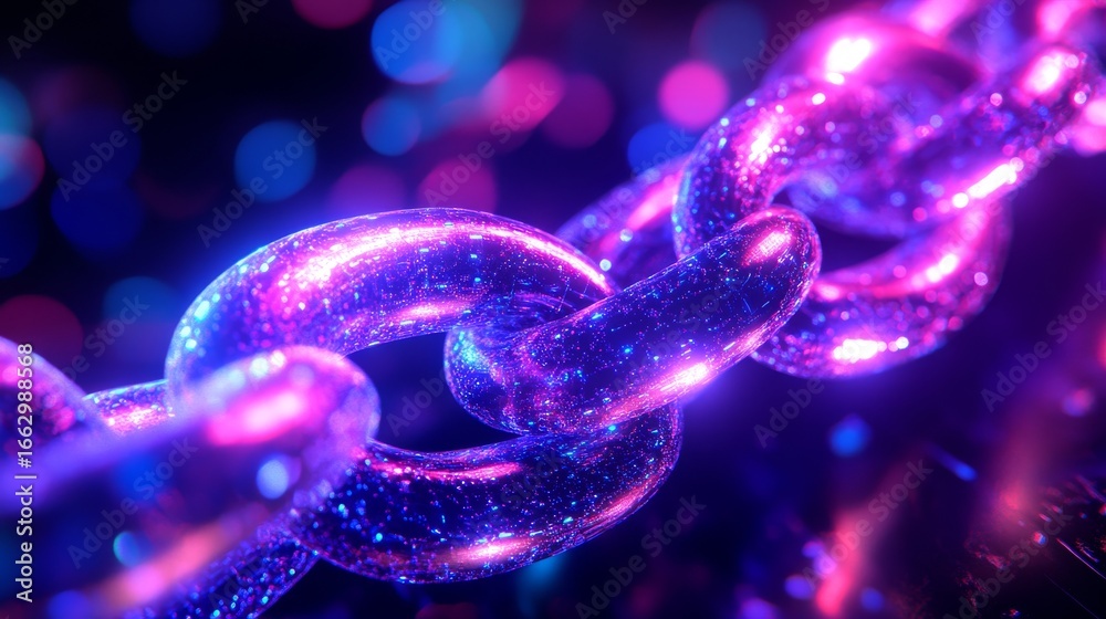 Poster a vibrant chain glows in neon hues. it symbolizes connection and strength. the image captivates with