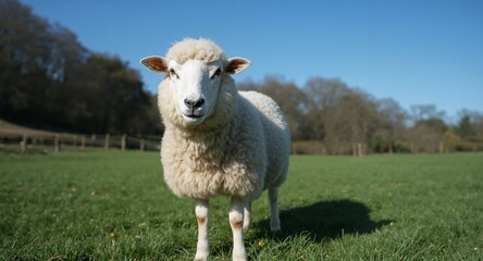 Portrait of a Woolly Being. A Sheep in a Green Field on a Sunny, Clear Day.