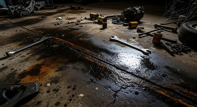 Dirty workshop floor with tools and parts