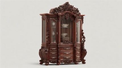 Ornate Wooden Display Cabinet with Intricate Carvings and Glass Doors Showcase Elegant Design and Fine Craftsmanship Ideal for Home Decor or Antique Collectible Display