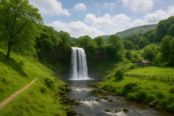 Breathtaking natural landscape of a cascading waterfall flowing into a tranquil river in a vibrant, lush green valley.