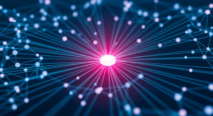 Abstract image of glowing nodes and lines, creating a network effect Central bright node symbolizes connection and communication, ideal for technology or network concepts