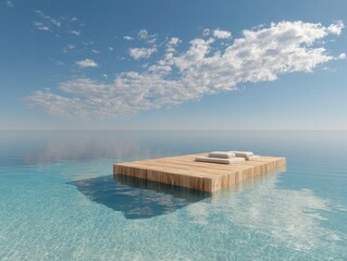 Obraz na płótnie Canvas Floating wooden platform with cushions in tranquil ocean