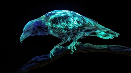 Glowing crow perched on branch, dark background, artistic image