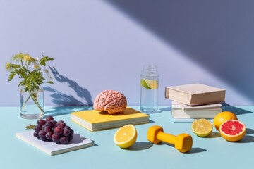 Brain health concept with fruits, books, and dumbbells around brain model
