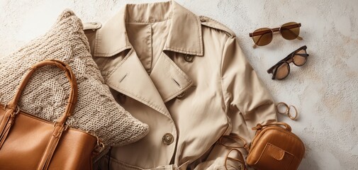 The stylish trench coat and accessories arranged for a chic flatlay composition.