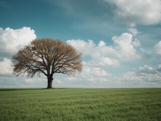 Fototapeta premium Solitary Arboreal Presence Under a Cloudy Sky in a Verdant Field Landscape.