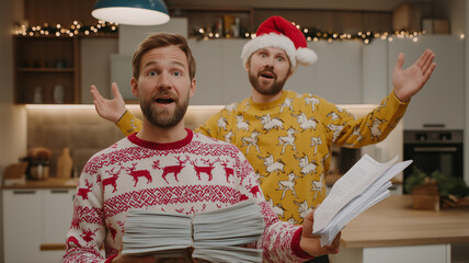 Two joyful writers celebrate holiday cheer amid creative chaos in a cozy kitchen Generative AI