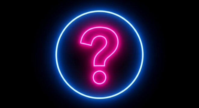 Neon pink question mark in a blue circle on black background, symbolizing inquiry, uncertainty, or a need for answers, ideal for websites or presentations