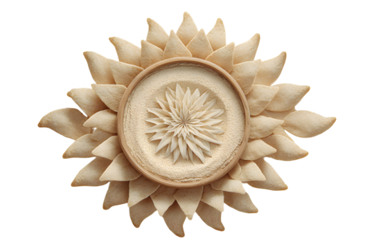 Abstract beige flower with concentric circles and textured petals on black