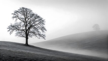 Grayscale lone tree in misty hill eerie, solitude, mystery, nature, landscape, peaceful.
