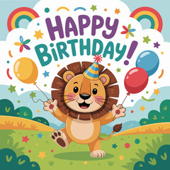 Fototapeta premium Happy Birthday lion with balloons and rainbows in a grassy field celebration animal