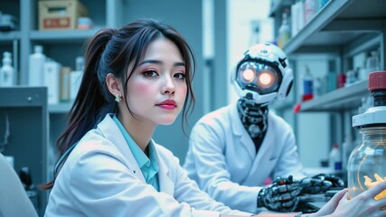 A confident female creator watches her AI robot perform a complex task. The focus pull emphasizes her role as the leader and innovator in a high-tech scientific environment.