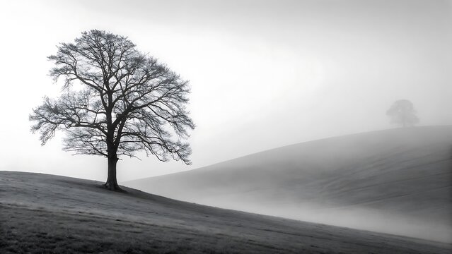 Grayscale lone tree in misty hill eerie, solitude, mystery, nature, landscape, peaceful. - Powered by Adobe