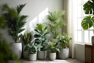 collection of green plants in brightly lit interior perfectly arranged against clean white wall