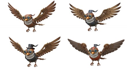 Obraz premium Four cartoon birds in flight with hats