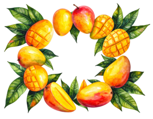 Top-Down Watercolor Composition of Mango Slices in Circular Layout, isolated on transparent background png
