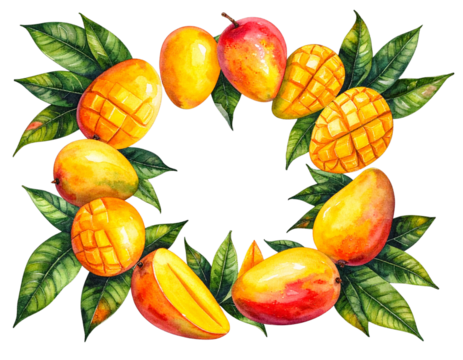 Top-Down Watercolor Composition of Mango Slices in Circular Layout, isolated on transparent background png