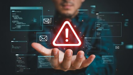 Man holding a glowing digital warning sign with data streams