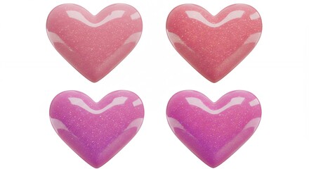 Obraz premium Four pink heart shaped objects on white background