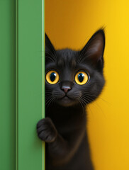 A curious black cat peeks playfully from behind a vibrant green door with its large golden eyes on a
