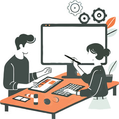 Two People Collaborating on Design Project Using Computer Tablet and Keyboard