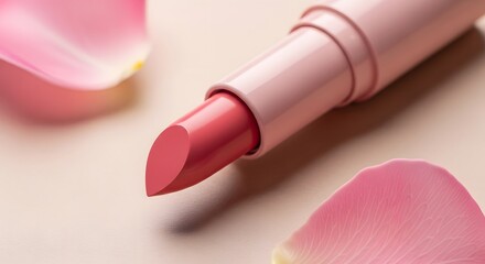 Obraz premium Pink lipstick with rose petals beauty cosmetic