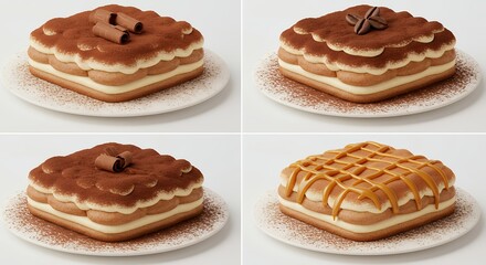 Four tiramisu squares displayed on white plate
