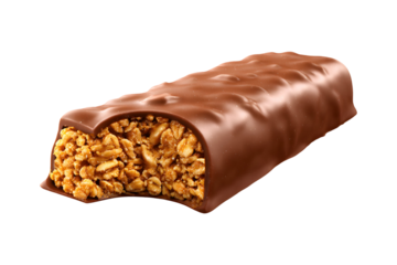 Delicious chocolate coated granola bar with a bite taken on a transparent background