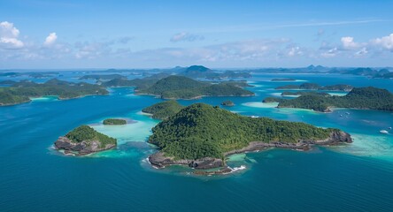 Green Isles Archipelago. A Serene Aerial Vista of Tropical Islands and Turquoise Waters.