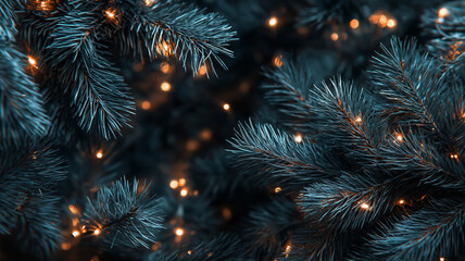Softly shining lights flicker among rich, dark evergreen leaves, spreading festive cheer at night Generative AI