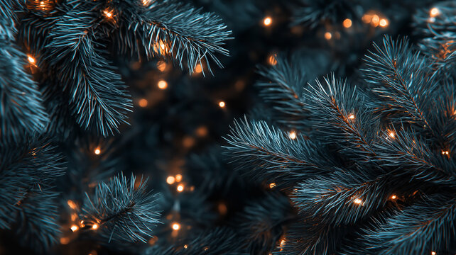 Softly shining lights flicker among rich, dark evergreen leaves, spreading festive cheer at night Generative AI