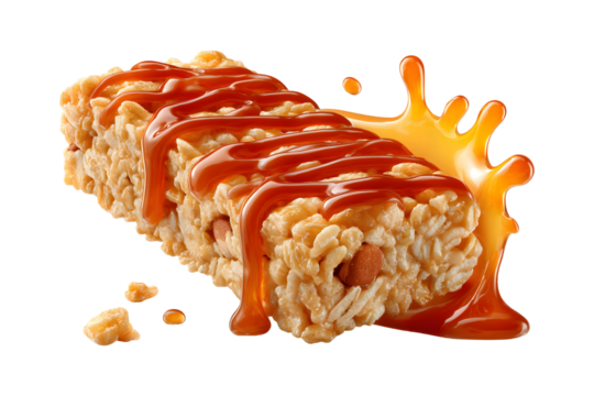 Delicious caramel rice crispy bar with a sweet topping on a transparent background
