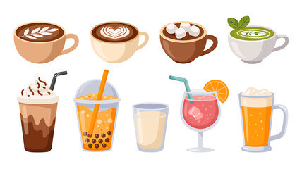 Selection of Beverages Including Coffee Tea Bubble Tea and Cocktails for Drink Menus and Food Blogging Content