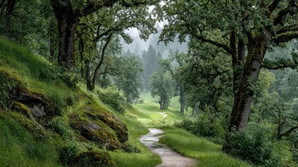 Fototapeta premium Lush, winding path through a misty forest after rain
