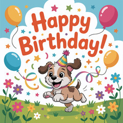 Obraz premium Happy puppy in party hat running with confetti and balloons on a grassy field birthday