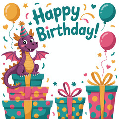 Naklejka premium Playful purple dragon sits on birthday gifts surrounded by balloons presents