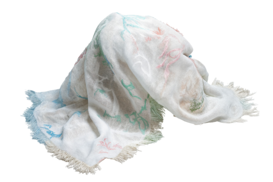 Soft elegant fabric with delicate pastel colors and fringed edges draped beautifully in artwork on transparent background