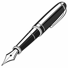 Classic black and white illustration of a sophisticated fountain pen with a silver nib and clip for writing