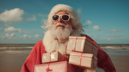 Santa Claus on a beach, in stylish sunglasses, holding colorful gifts in a festive outfit Generative AI