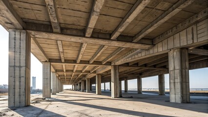 Obraz premium Modern concrete underpass with pillars underneath, ideal for urban design, architecture, infrastructure, transportation concepts, and engineering projects.
