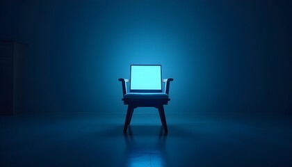 A modern Scandinavian-style chair with clean wooden lines holds an open laptop, screen aglow in the blue hour light. Subtle reflections dance on the polished floor beneath. The atmosphere is quiet.