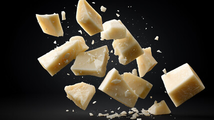 Small chunks of parmesan cheese dance playfully in mid-air, capturing attention and delight Generative AI