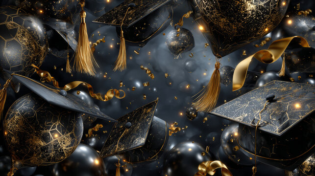 Congrats grads Class of 2024. Decorative banner for graduation 2024. Falling graduation scrolls and caps, golden confetti, serpentine. Vector illustration for social media, poster, degree ceremony.