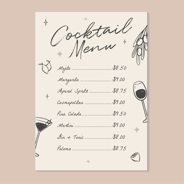 Cocktail menu with price list and hand drawn drinks. Vector illustration cocktail menu for restaurant, bar or party.