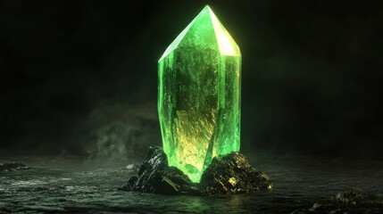 Glowing emerald crystal rests on dark rocks in a misty cave